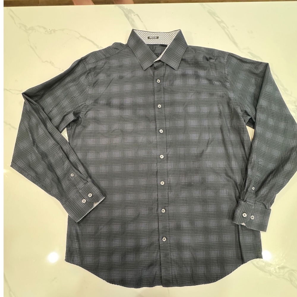 Bugatchi Uomo Button Down Shirt Classic Fit Size XL Gray Plaid Mens